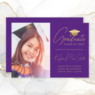 Modern Purple Gold Script Photo College Graduation Announcement