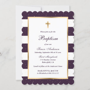 Modern Purple Gold Stars Striped Baptism Invitation