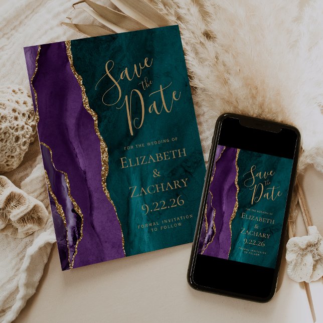 Modern Purple Gold Teal Agate Save the Date (Creator Uploaded)