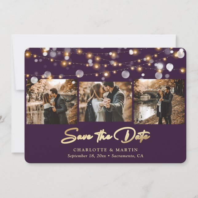Modern Purple Gold Wedding 3 Photo Save The Date (Front)