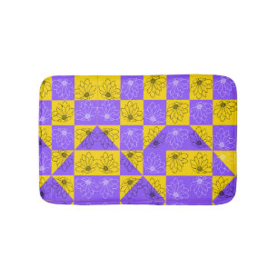 Modern purple & golden Chequerboard floral pattern Bath Mat