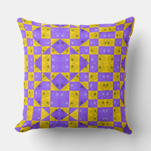 Modern purple & golden Chequerboard floral pattern Cushion
