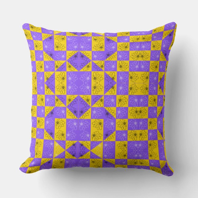 Modern purple & golden Chequerboard floral pattern Cushion (Front)