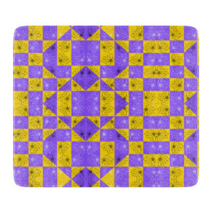 Modern purple & golden Chequerboard floral pattern Cutting Board