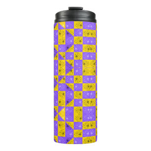 Modern purple & golden Chequerboard floral pattern Thermal Tumbler