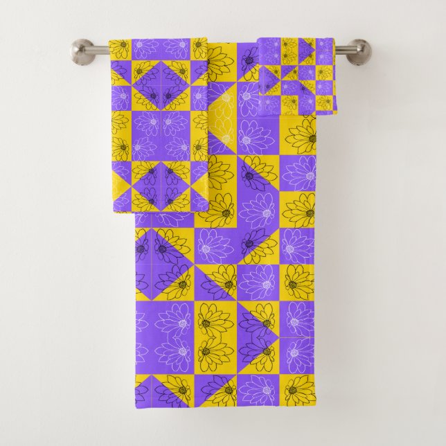 Modern purple & golden Chequerboard flower pattern Bath Towel Set (Insitu)