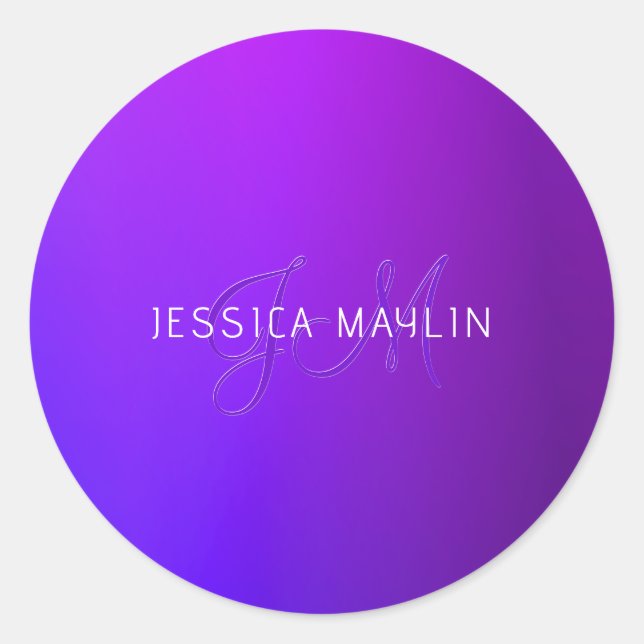 Modern Purple Gradient Name & Monogram  Classic Round Sticker (Front)