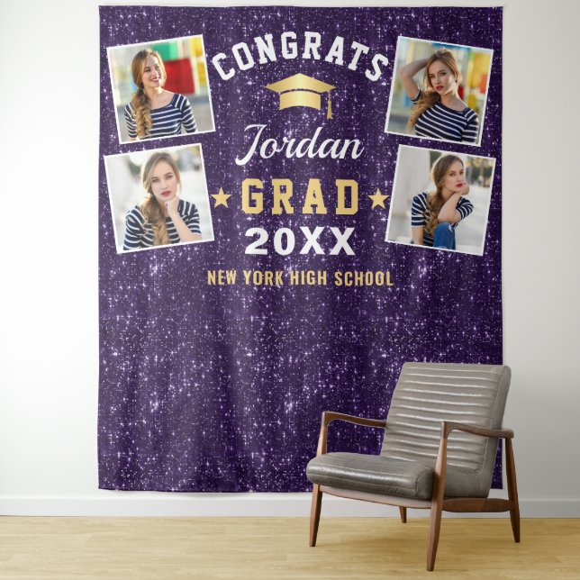 Modern Purple Graduation 4 Photo Booth Backdrop Tapestry (In Situ)