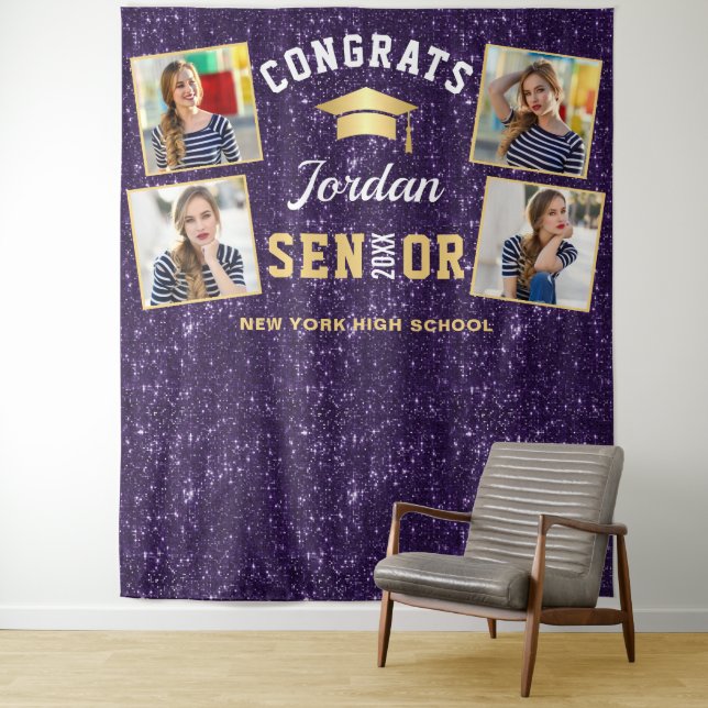 Modern Purple Graduation 4 Photo Booth Backdrop Tapestry (In Situ)