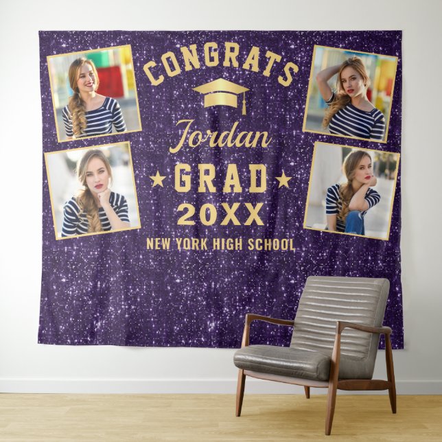 Modern Purple Graduation 4 Photo Booth Backdrop Tapestry (In Situ (Horizontal))