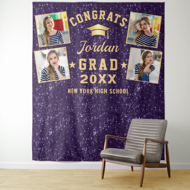 Modern Purple Graduation 4 Photo Booth Backdrop Tapestry (In Situ)