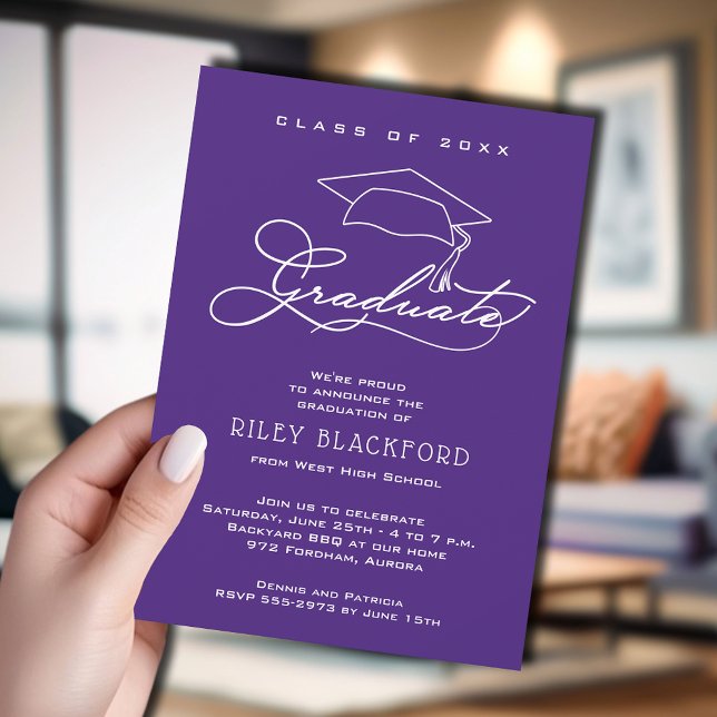 Modern Purple Graduation Announcement (Purple graduation announcement cards feature your details in chic white lettering.)