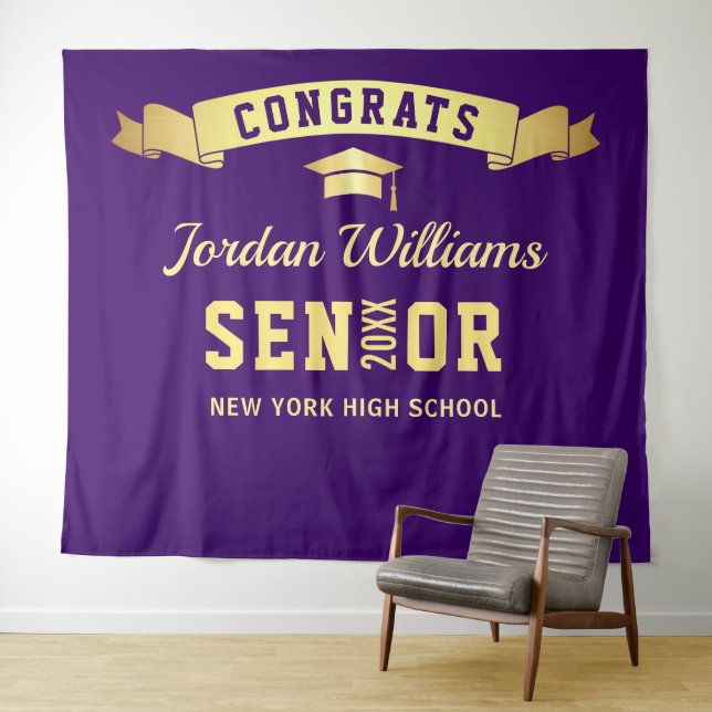 Modern Purple Graduation Photo Booth Backdrop Tapestry (In Situ (Horizontal))