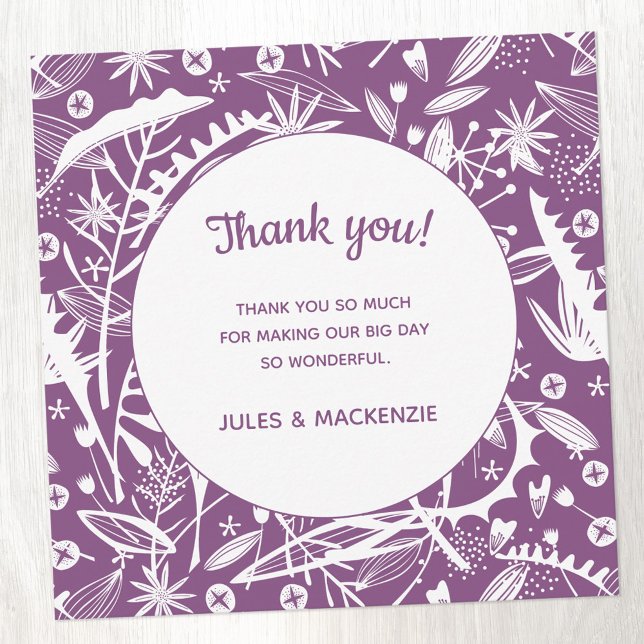 Modern Purple Graphic Floral Wedding Thank You Card (Modern botanical purple floral wedding thank you card)