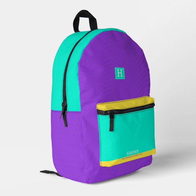 Modern Purple Green and Yellow Personalised Name  Printed Backpack (Back Corner Left)