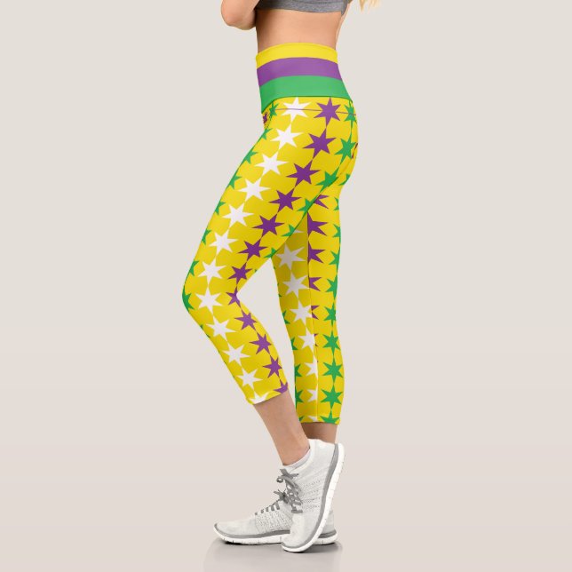 Modern Purple Green Mardi Gras Pattern Capri Leggings (Left)
