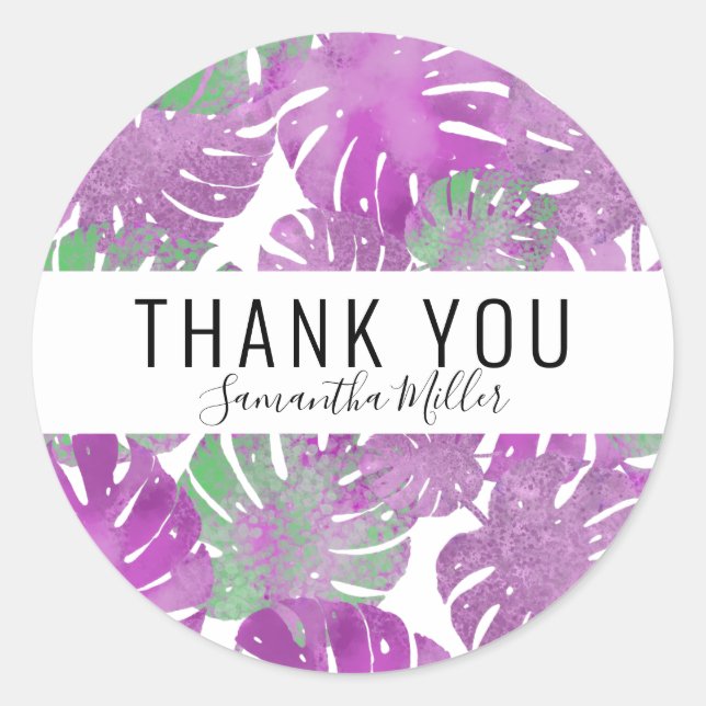 Modern purple green tropical monstera plant leaves classic round sticker (Front)