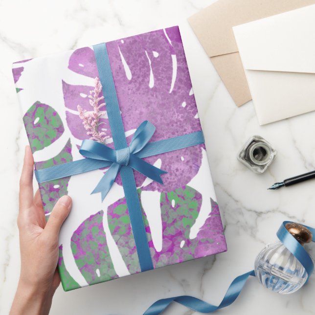 Modern purple green tropical monstera plant leaves wrapping paper (Gifting)
