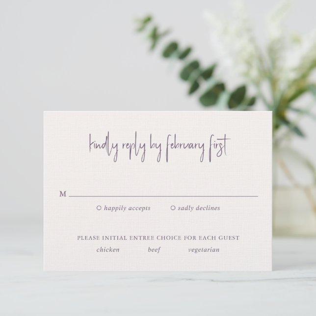 Modern Purple Handwritten Script Elegant Wedding RSVP Card (Standing Front)