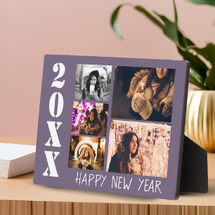 Modern Purple Happy New Year 5 Photo Collage Plaque