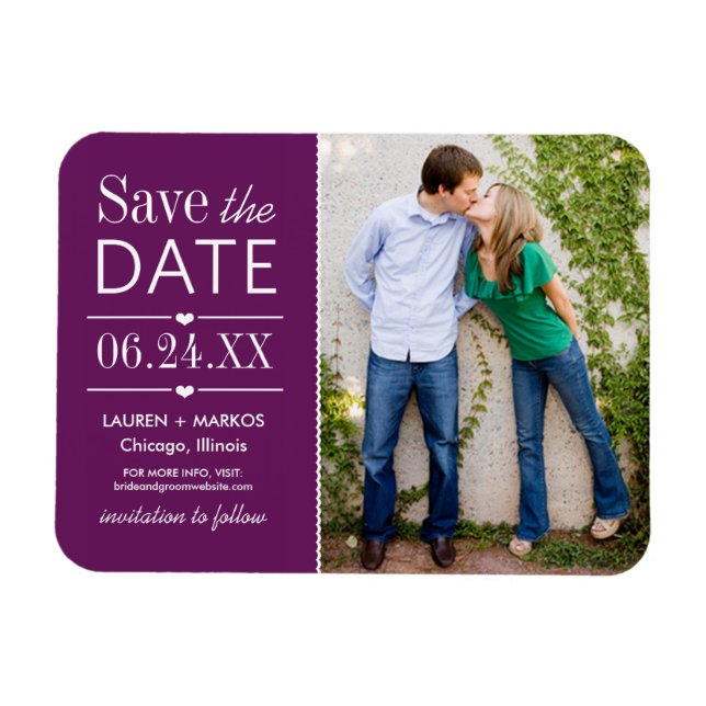 Modern Purple Hearts Wedding Photo Save the Date Magnet (Horizontal)