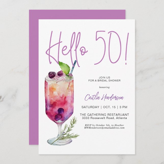 Modern Purple Hello 50 Birthday Party Invitation (Front/Back)