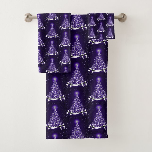 Modern Purple Holiday Tree Motif Bath Towel Set (Insitu)