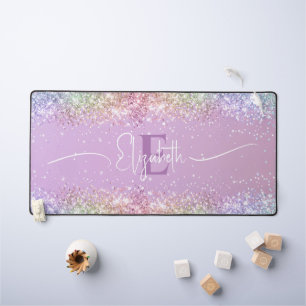 Modern Purple Holographic Faux Glitter Monogram Desk Mat