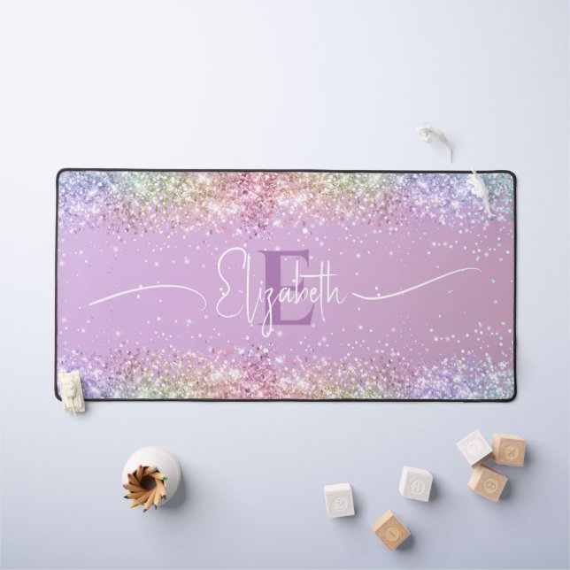 Modern Purple Holographic Faux Glitter Monogram  Desk Mat (Kids Table)