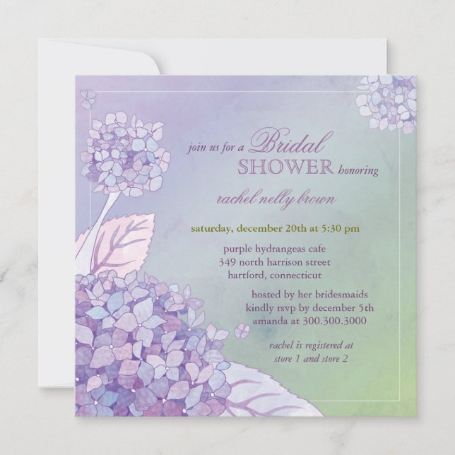 Modern Purple Hydrangeas Floral Bridal Shower Invitation (Front)