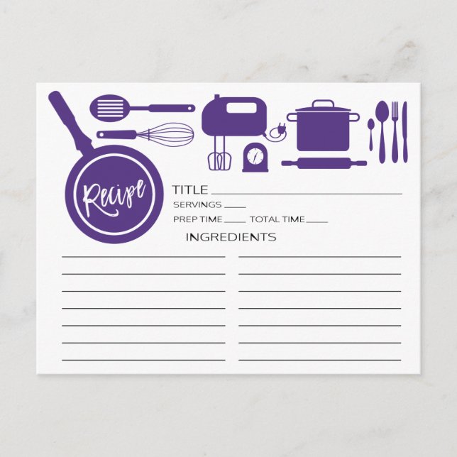 Modern Purple Kitchen Utensils Recipe Card (Front)