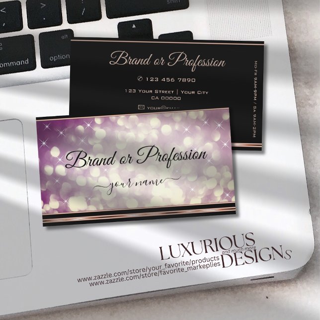Modern Purple Large Glitter Black Rose Gold Border Business Card (Creator Uploaded)
