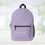 Modern Purple Lavender Personalised Script Printed Backpack<br><div class="desc">Personalised lavender purple backpack with your monogram name or initials in a stylish white script with swashes.</div>