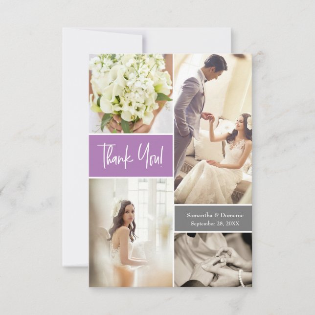 Modern Purple lavender photo collage wedding  Thank You Card (Front)