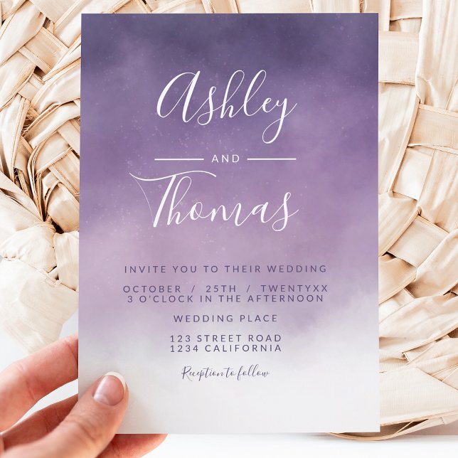 Modern purple lavender watercolor script wedding invitation (Creator Uploaded)