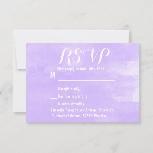 Modern purple lavender watercolor wedding RSVP Card (Front)