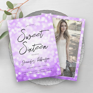 Modern Purple Lights Photo Sweet 16 Party Invitation
