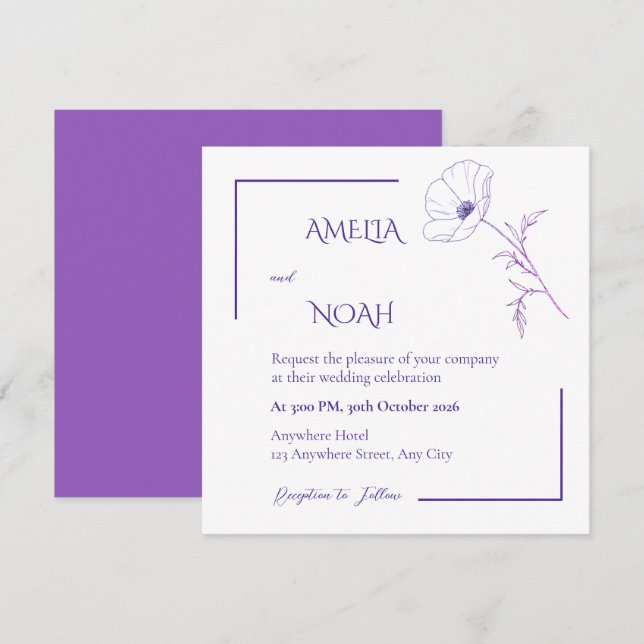 Modern Purple Line Art Floral Wedding Invitation (Front/Back)