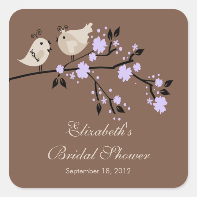 Modern Purple Love Birds Bridal Shower Square Square Sticker (Front)