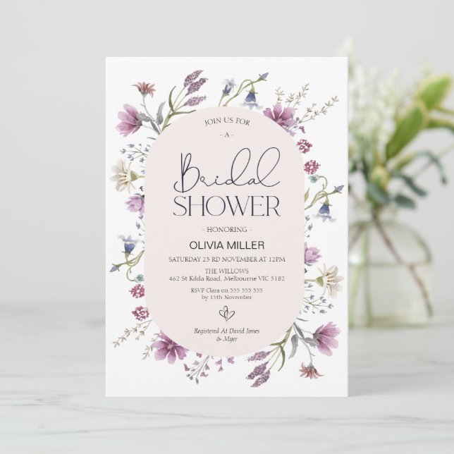 Modern Purple Mauve Wildflowers Bridal Shower Invitation (Standing Front)