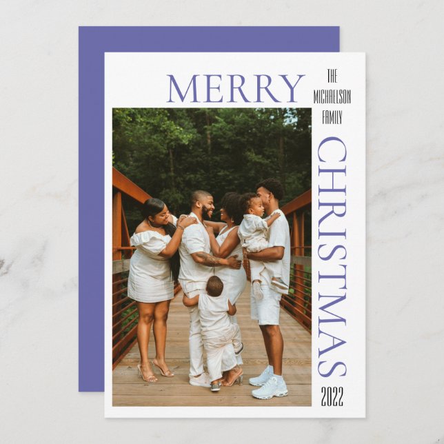 Modern Purple Merry Christmas Photo Holiday Card (Front/Back)