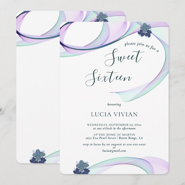 Modern Purple Mini Floral Sweet Sixteen Birthday Invitation (Front/Back)