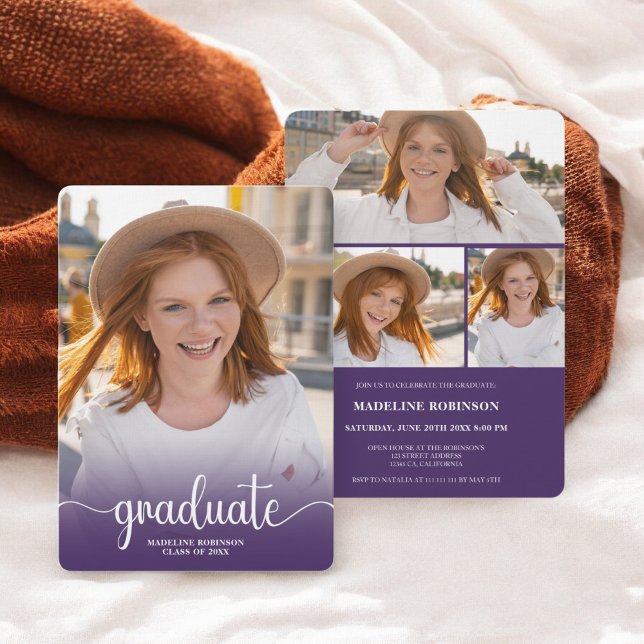 Modern Purple minimal 4-Photo script Graduation Invitation (Modern Purple minimal 4-Photo script Graduation Invitation)