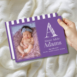 Modern Purple Monogram Birth Stats Photo Announcement