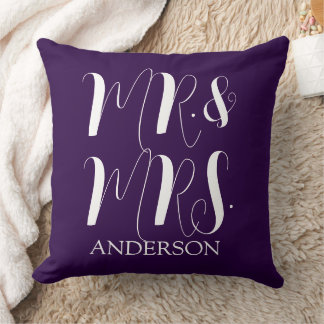 Modern Purple Mr and Mrs Script Wedding Cushion