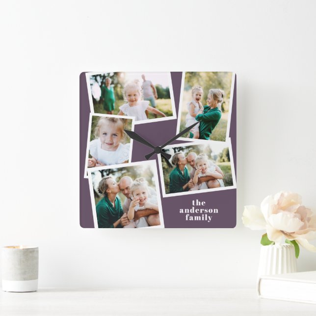 Modern purple multi photo family home decor square wall clock (Home)