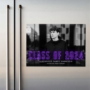 Modern Purple Neon Class of 2024 Photo Graduation Magnetic Invitation
