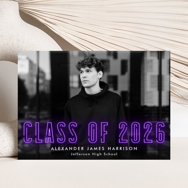 Modern Purple Neon Class of 2026 Photo Graduation Announcement (Creator Uploaded)