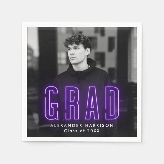 Modern Purple Neon Photo Graduation Napkin (Front)