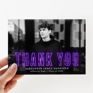 Modern Purple Neon Photo Graduation Thank You Card